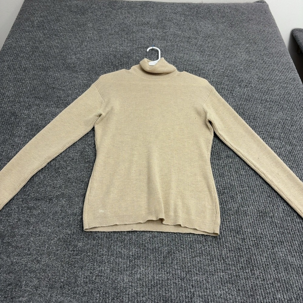 Vintage J Crew Sweater Womens L Beige Merino Wool Ribbed Turtleneck Classic